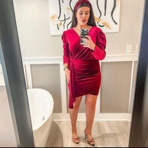 Wine red v neck Ruched Velvet Mini dress